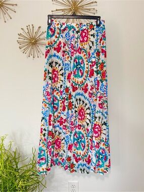Women's White Pleated Maxi Skirt with Bright Floral Print